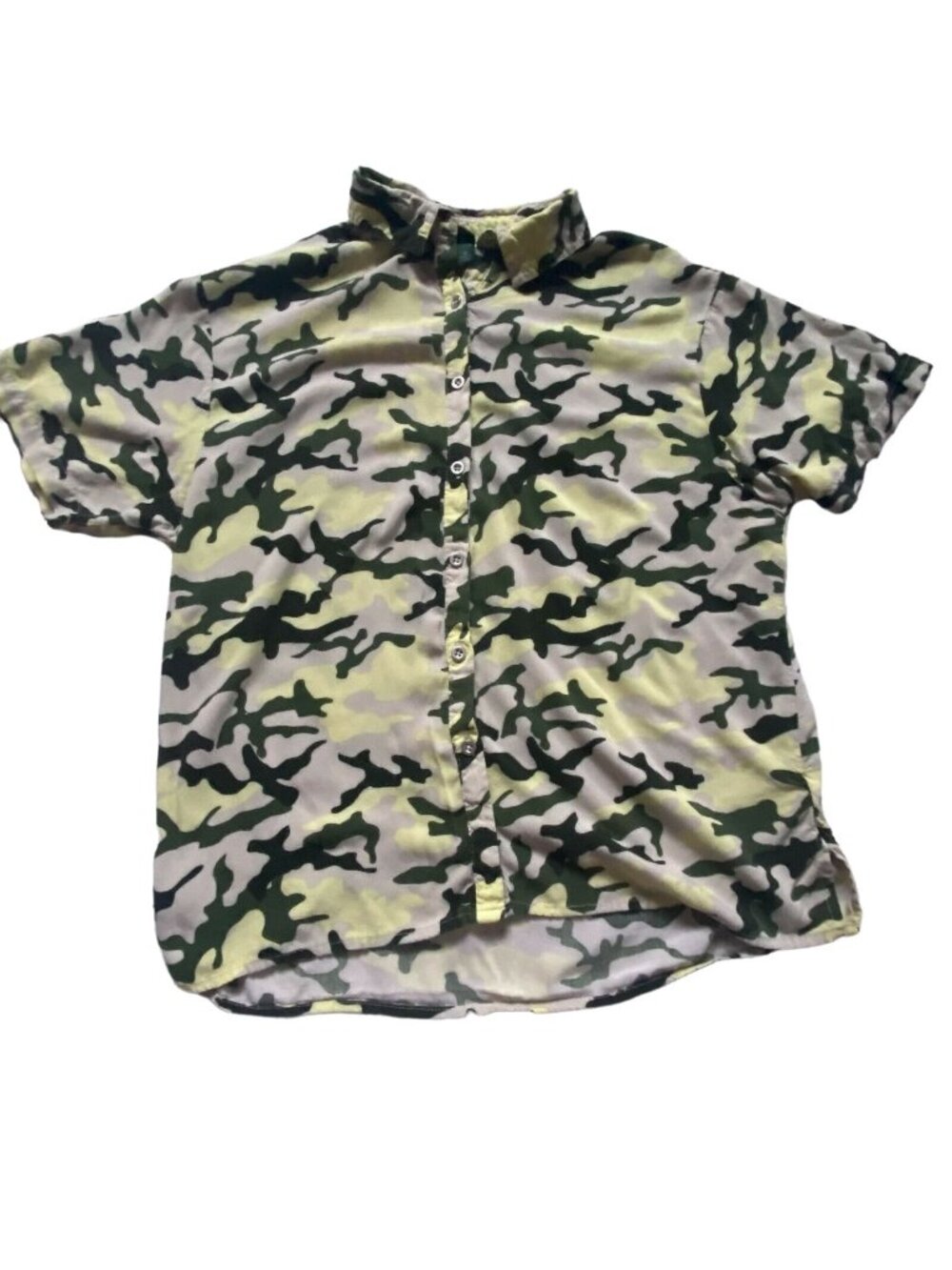 Wild Fable Womens Camouflage Short Sleeve Button Front Shirt-Yellow/Green-Size X